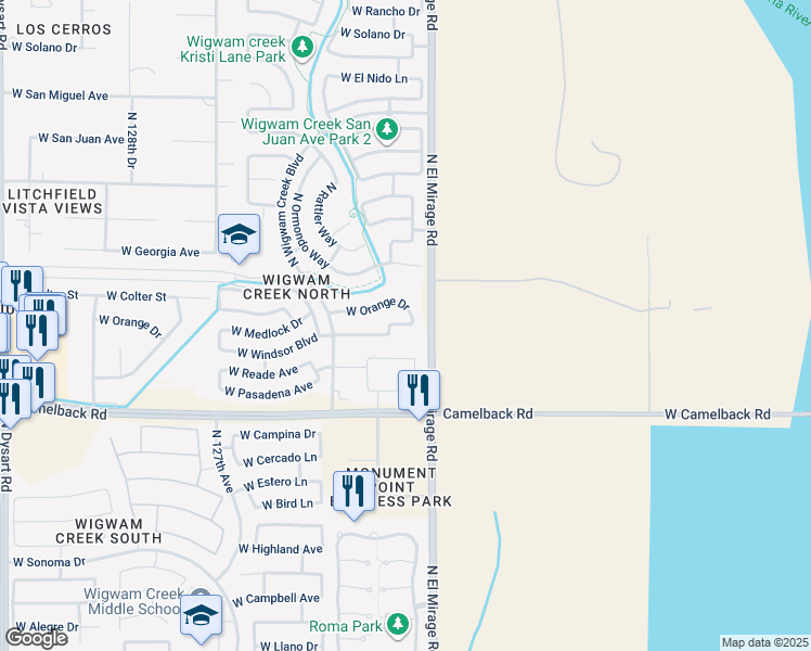map of restaurants, bars, coffee shops, grocery stores, and more near 12311 West Medlock Drive in Litchfield Park