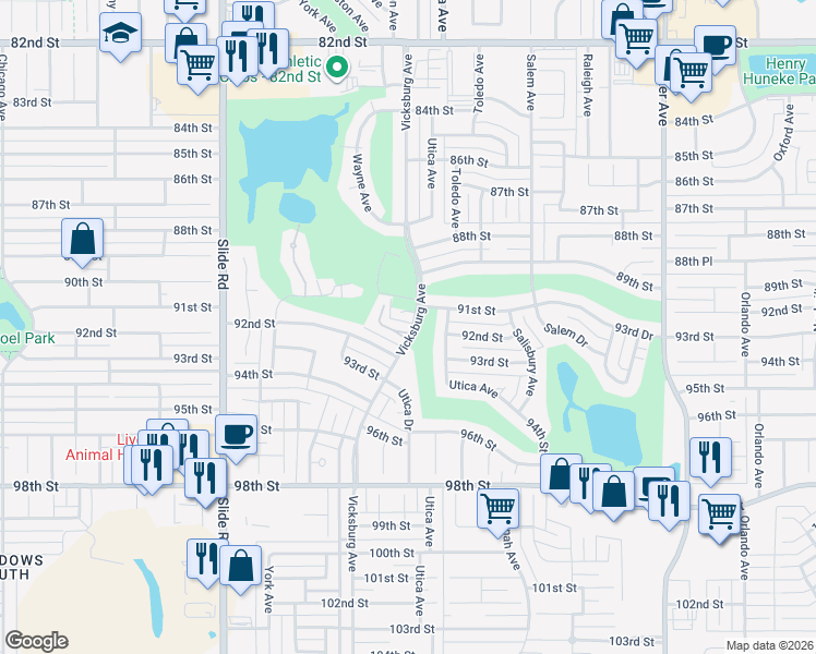 map of restaurants, bars, coffee shops, grocery stores, and more near 9102 Vicksburg Avenue in Lubbock