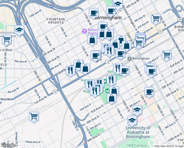 map of restaurants, bars, coffee shops, grocery stores, and more near 1501 1st Avenue North in Birmingham
