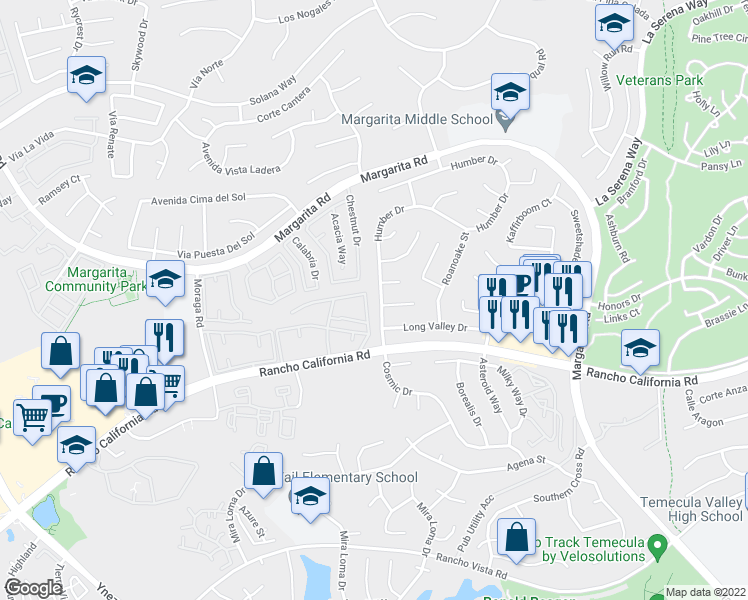 map of restaurants, bars, coffee shops, grocery stores, and more near 42185 Humber Drive in Temecula