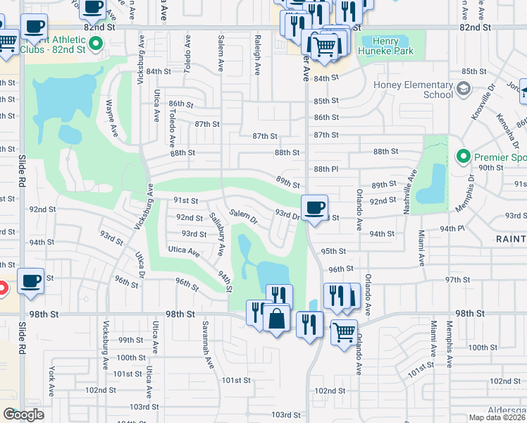 map of restaurants, bars, coffee shops, grocery stores, and more near 9303 Raleigh Avenue in Lubbock