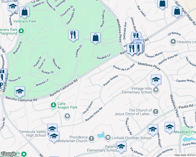 map of restaurants, bars, coffee shops, grocery stores, and more near 31456 Corte Salinas in Temecula