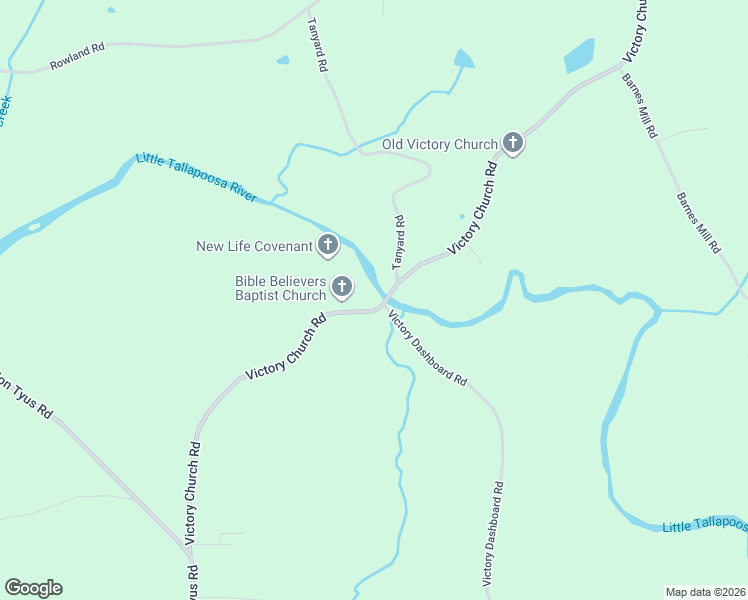 map of restaurants, bars, coffee shops, grocery stores, and more near 2289 Victory Church Road in Bowdon