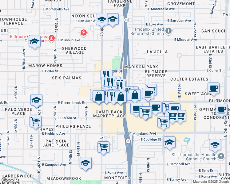 map of restaurants, bars, coffee shops, grocery stores, and more near 1670 East Camelback Road in Phoenix