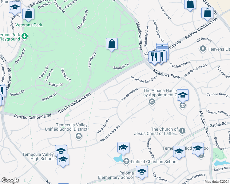 map of restaurants, bars, coffee shops, grocery stores, and more near 31456 Corte Salinas in Temecula