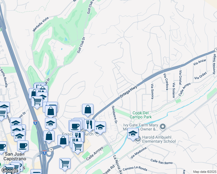map of restaurants, bars, coffee shops, grocery stores, and more near 31131 Santa Margarita Place in San Juan Capistrano