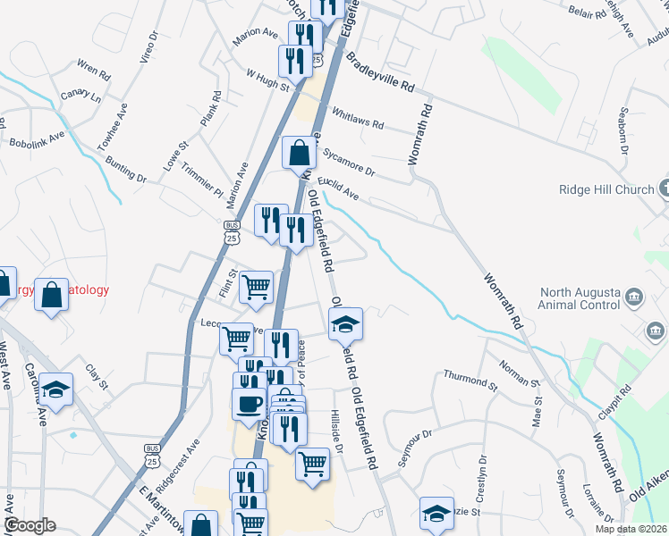 map of restaurants, bars, coffee shops, grocery stores, and more near 1201 Radiance Drive in North Augusta