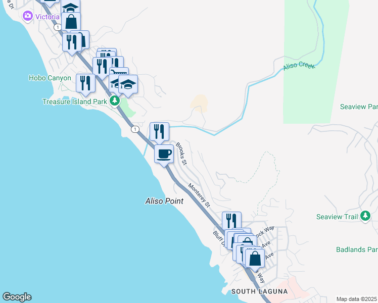 map of restaurants, bars, coffee shops, grocery stores, and more near 31161 Holly Drive in Laguna Beach