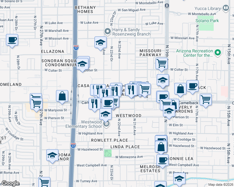 map of restaurants, bars, coffee shops, grocery stores, and more near 5010 North 22nd Avenue in Phoenix