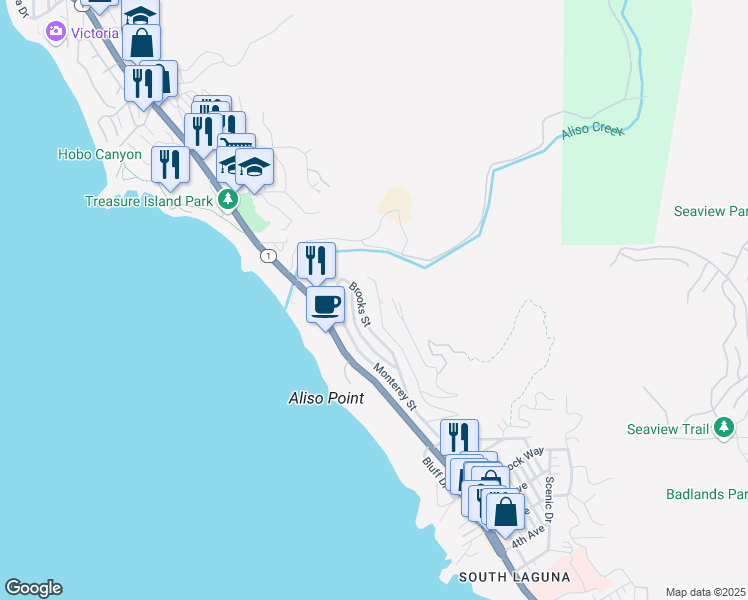 map of restaurants, bars, coffee shops, grocery stores, and more near 31161 Holly Drive in Laguna Beach