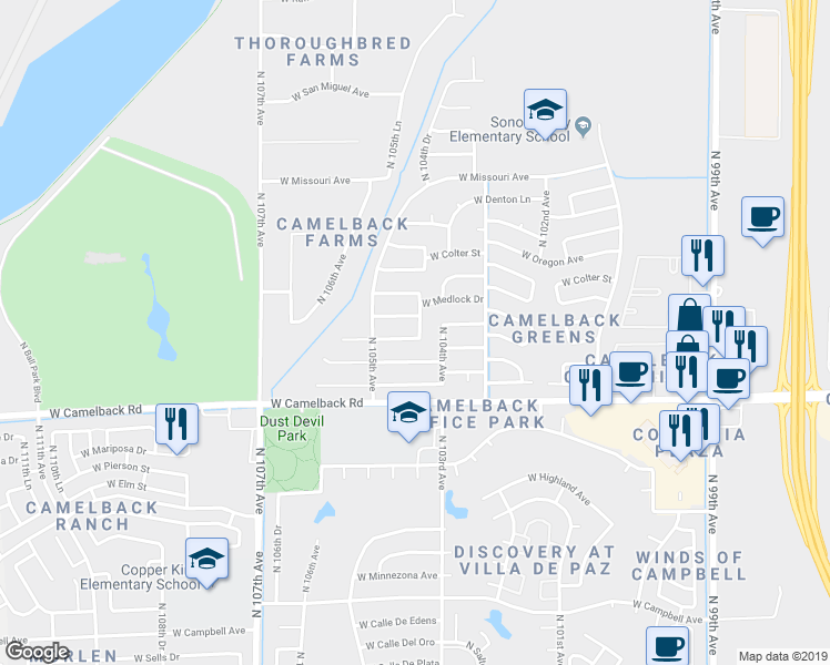 map of restaurants, bars, coffee shops, grocery stores, and more near 10422 West Windsor Boulevard in Glendale