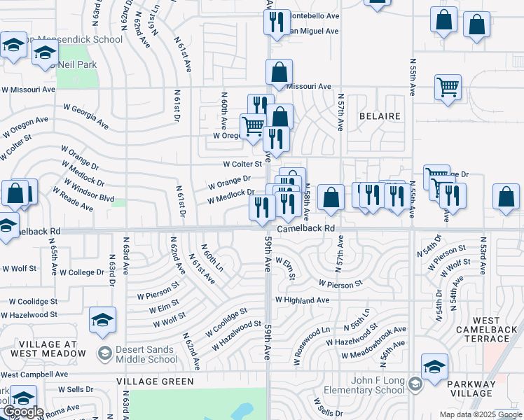 map of restaurants, bars, coffee shops, grocery stores, and more near 5050 North 59th Avenue in Glendale
