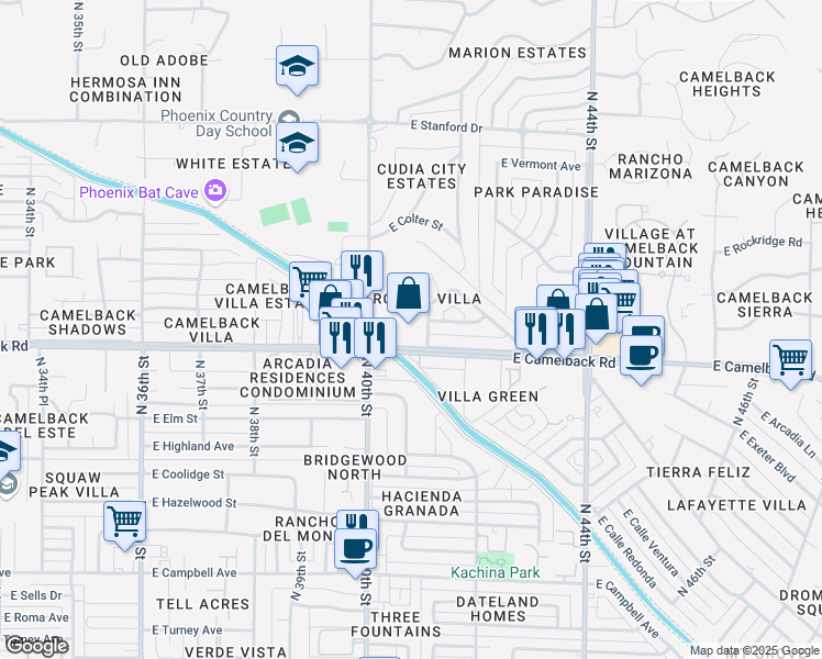 map of restaurants, bars, coffee shops, grocery stores, and more near 4106 East Camelback Road in Phoenix
