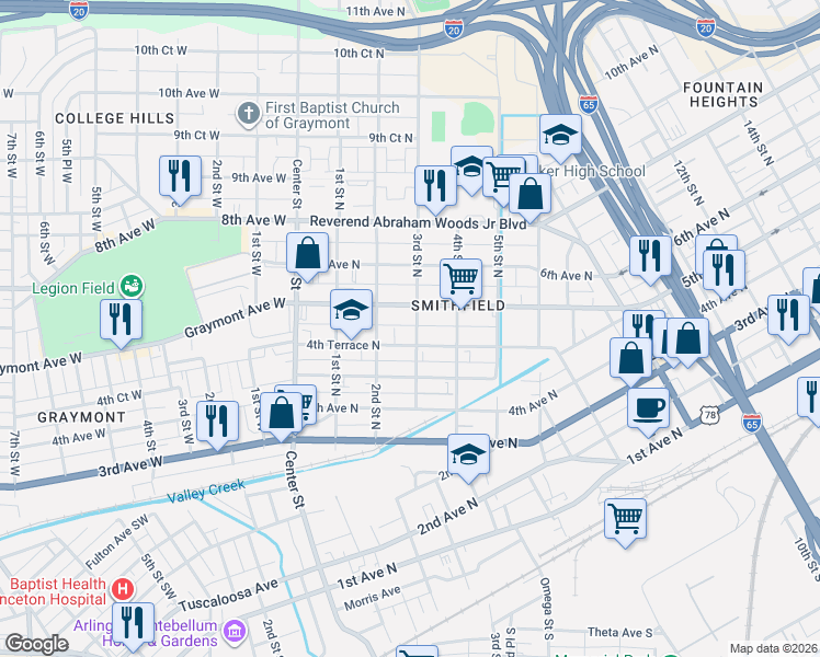 map of restaurants, bars, coffee shops, grocery stores, and more near 226 4th Terrace North in Birmingham