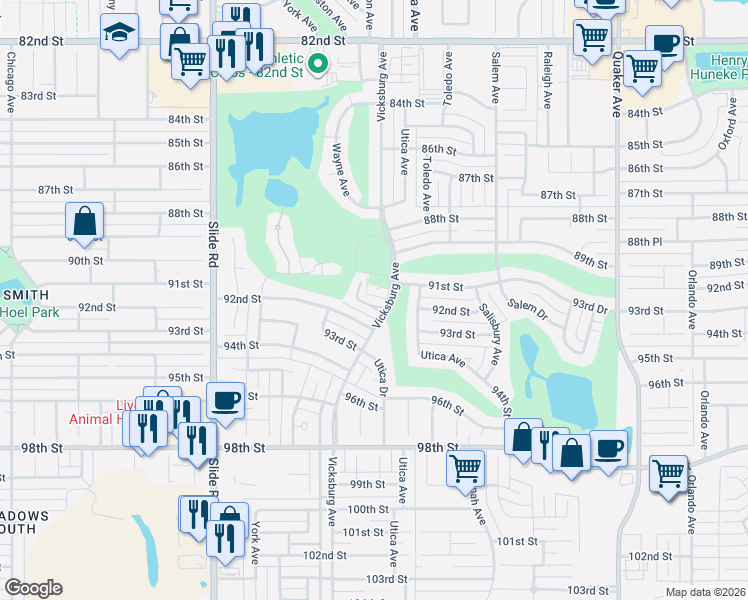 map of restaurants, bars, coffee shops, grocery stores, and more near 4910 92nd Street in Lubbock
