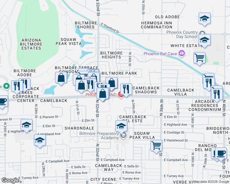 map of restaurants, bars, coffee shops, grocery stores, and more near 3234 East Camelback Road in Phoenix