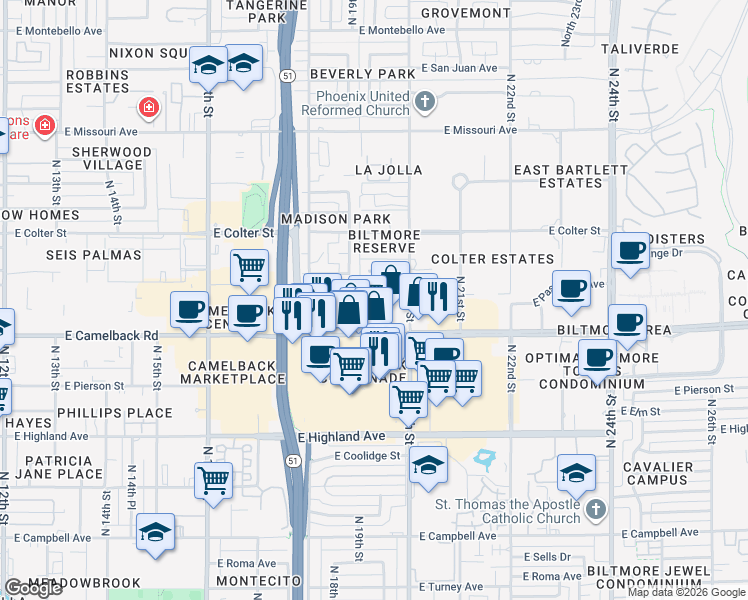 map of restaurants, bars, coffee shops, grocery stores, and more near 2810 East Camelback Road in Phoenix