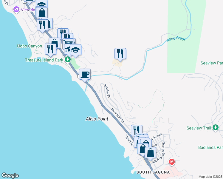 map of restaurants, bars, coffee shops, grocery stores, and more near 31182 Holly Drive in Laguna Beach