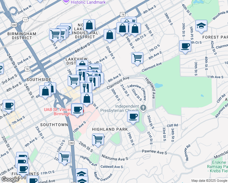 map of restaurants, bars, coffee shops, grocery stores, and more near 822 30th Street South in Birmingham