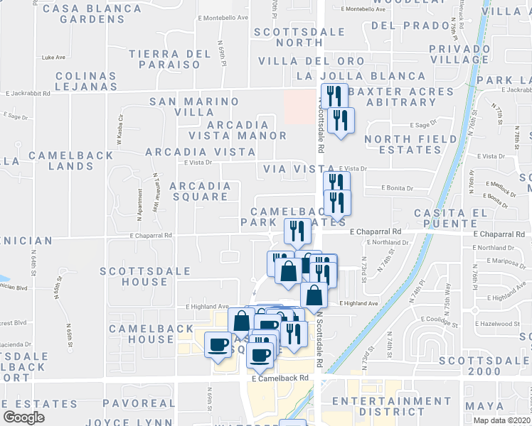 map of restaurants, bars, coffee shops, grocery stores, and more near 7026 East Pasadena Avenue in Scottsdale