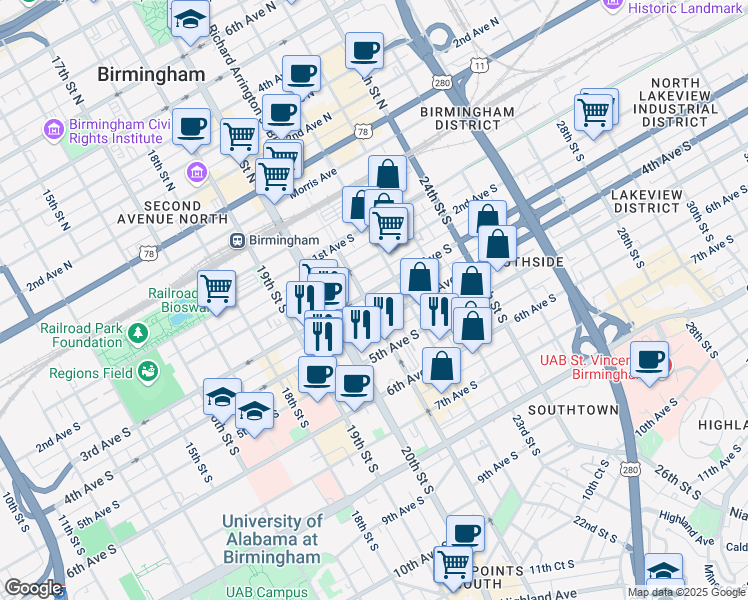 map of restaurants, bars, coffee shops, grocery stores, and more near 311 Richard Arrington Junior Boulevard South in Birmingham