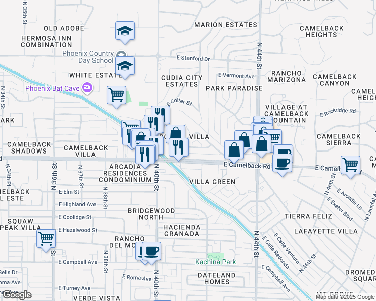 map of restaurants, bars, coffee shops, grocery stores, and more near 4106 East Camelback Road in Phoenix