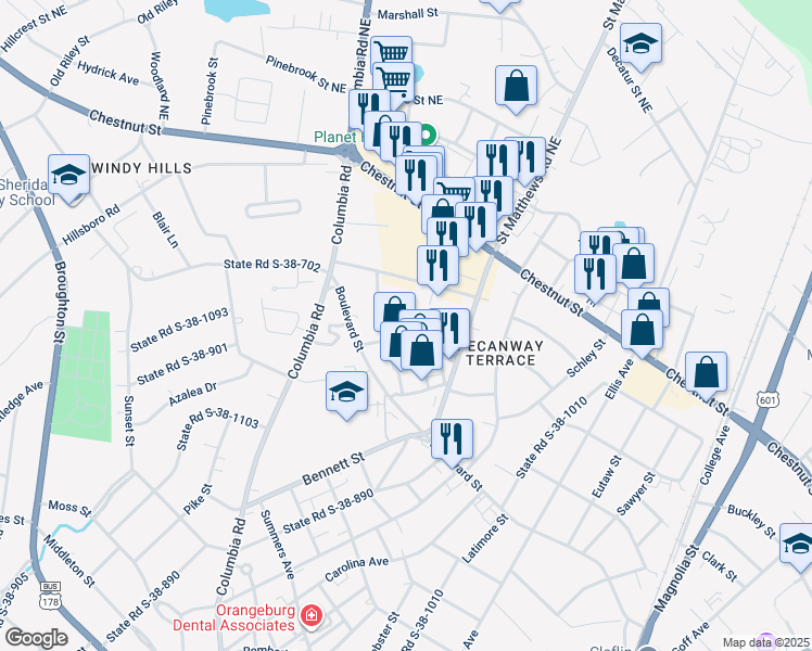 map of restaurants, bars, coffee shops, grocery stores, and more near 2220 Orangeburg Mall Circle in Orangeburg