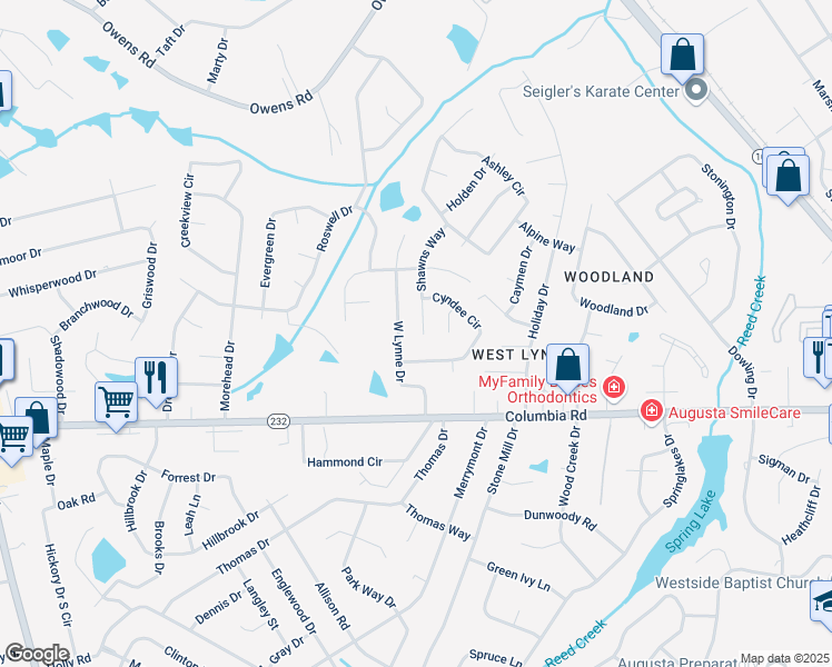 map of restaurants, bars, coffee shops, grocery stores, and more near 119 West Lynne Drive in Augusta