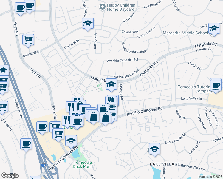 map of restaurants, bars, coffee shops, grocery stores, and more near 41951 Moraga Road in Temecula