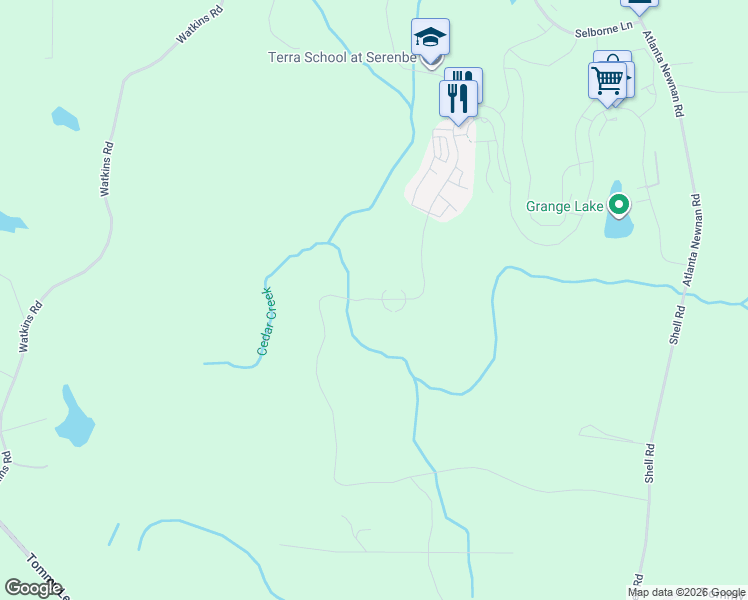 map of restaurants, bars, coffee shops, grocery stores, and more near 11584 Serenbe Lane in Chattahoochee Hills