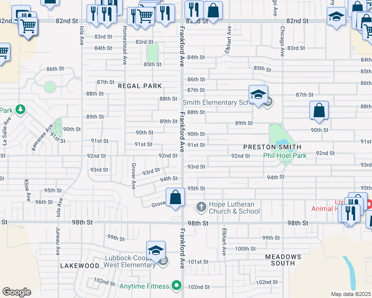 map of restaurants, bars, coffee shops, grocery stores, and more near 5733 91st Street in Lubbock