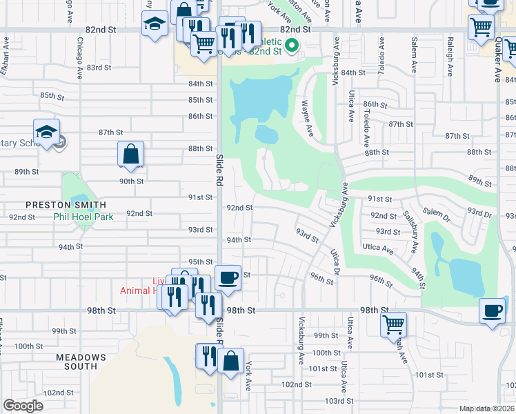 map of restaurants, bars, coffee shops, grocery stores, and more near 92nd Street in Lubbock