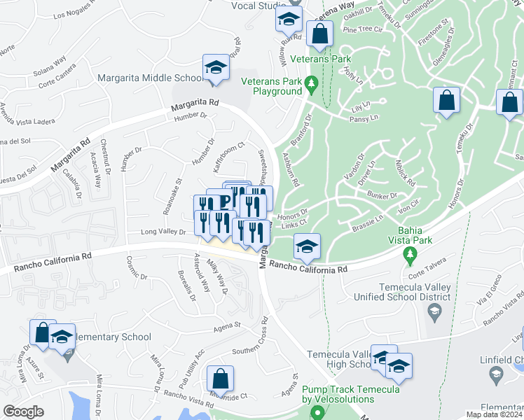 map of restaurants, bars, coffee shops, grocery stores, and more near 42180 Sweetshade Lane in Temecula