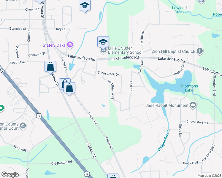 map of restaurants, bars, coffee shops, grocery stores, and more near 1515 Red Briar Way in Jonesboro