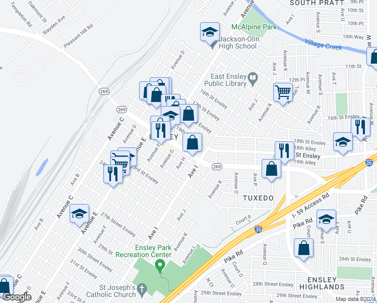 map of restaurants, bars, coffee shops, grocery stores, and more near 800 20th Street in Birmingham