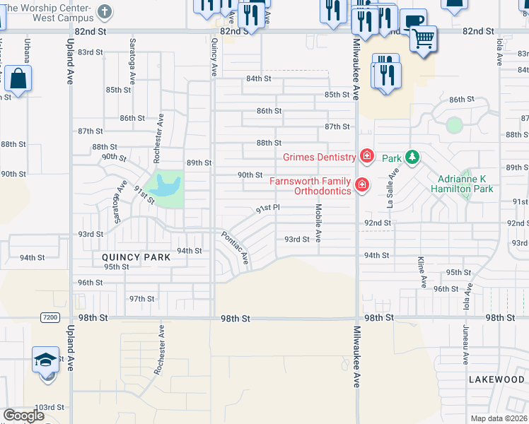 map of restaurants, bars, coffee shops, grocery stores, and more near 6706 92nd Street in Lubbock