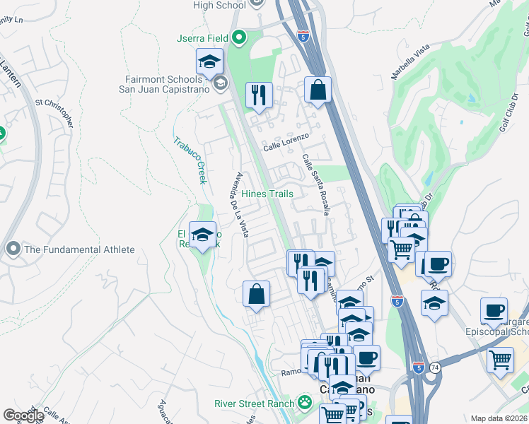 map of restaurants, bars, coffee shops, grocery stores, and more near 26504 Calle San Antonio in San Juan Capistrano