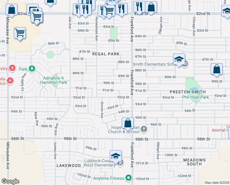 map of restaurants, bars, coffee shops, grocery stores, and more near 5815-5835 92nd Street in Lubbock