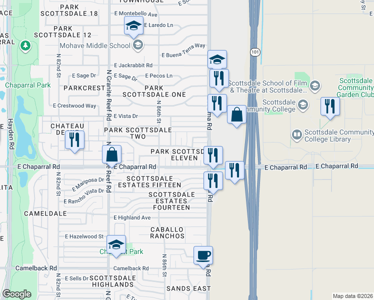 map of restaurants, bars, coffee shops, grocery stores, and more near 5013 North 87th Street in Scottsdale