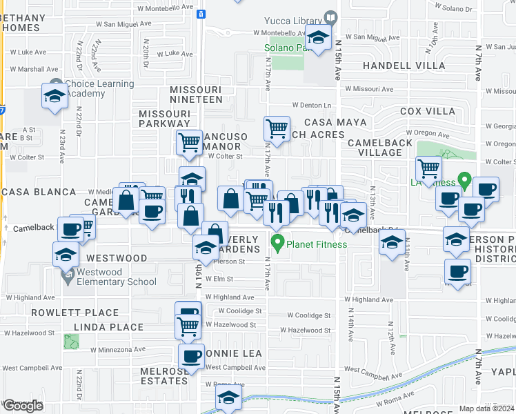map of restaurants, bars, coffee shops, grocery stores, and more near 1710 West Camelback Road in Phoenix