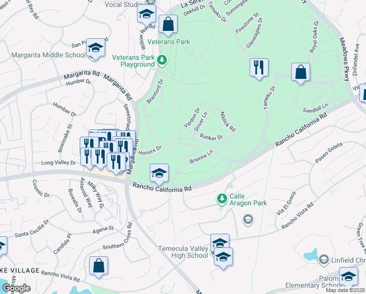 map of restaurants, bars, coffee shops, grocery stores, and more near 30855 Mashie Way in Temecula