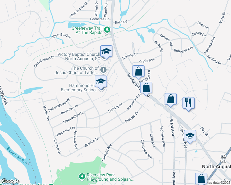 map of restaurants, bars, coffee shops, grocery stores, and more near 12 Teal Court in North Augusta