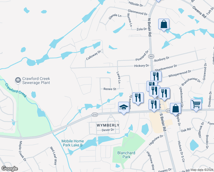 map of restaurants, bars, coffee shops, grocery stores, and more near 4604 Renee Street in Augusta