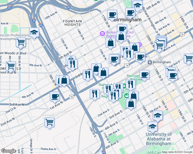 map of restaurants, bars, coffee shops, grocery stores, and more near 1230 13th Street North in Birmingham