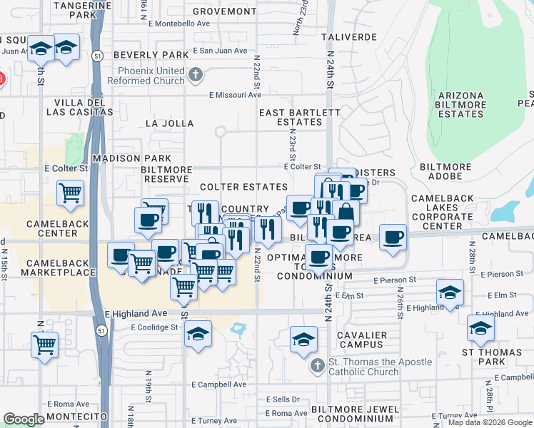 map of restaurants, bars, coffee shops, grocery stores, and more near 2212 East Camelback Road in Phoenix