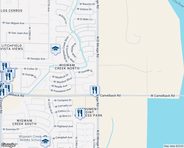 map of restaurants, bars, coffee shops, grocery stores, and more near 12311 West Medlock Drive in Litchfield Park