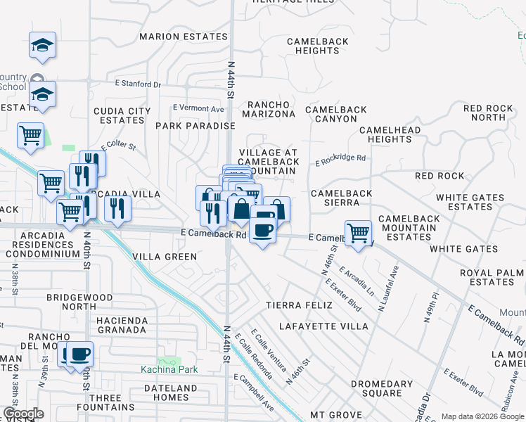 map of restaurants, bars, coffee shops, grocery stores, and more near 4444 East Camelback Road in Phoenix