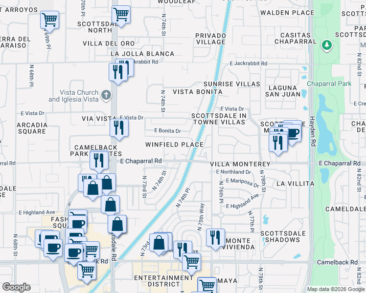 map of restaurants, bars, coffee shops, grocery stores, and more near 7440 East Chaparral Road in Scottsdale