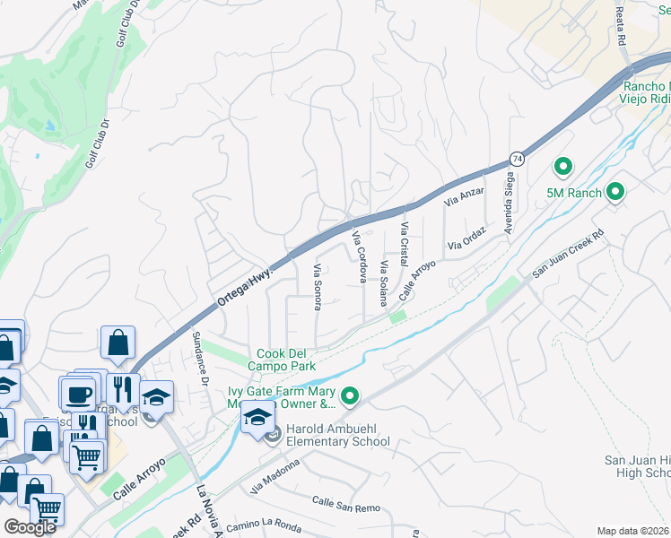 map of restaurants, bars, coffee shops, grocery stores, and more near 28024 Paseo Alba in San Juan Capistrano