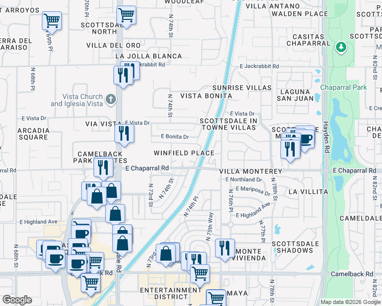 map of restaurants, bars, coffee shops, grocery stores, and more near 7436 East Chaparral Road in Scottsdale
